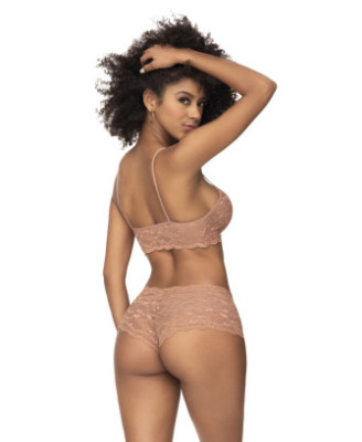 Ensemble 2 pièces en dentelle, top à bretelles et shorty couleur taupe 